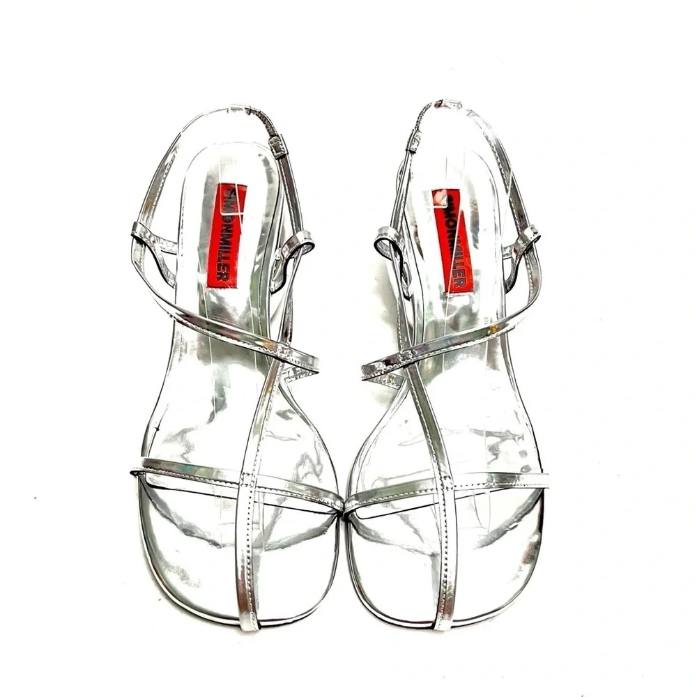SIMON MILLER | Silver leather strappy chrome heel Moderno Sandal Pumps NWOT - Picture 3 of 8